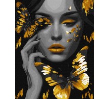 Набір для розпису по номерах. Дівчина із золотими метеликами з фарбами металік extra 40х50см