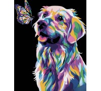 Набір для розпису по номерах Поп-арт собака з метеликом Strateg на чорному фоні розміром 40х50 см (AH1047)